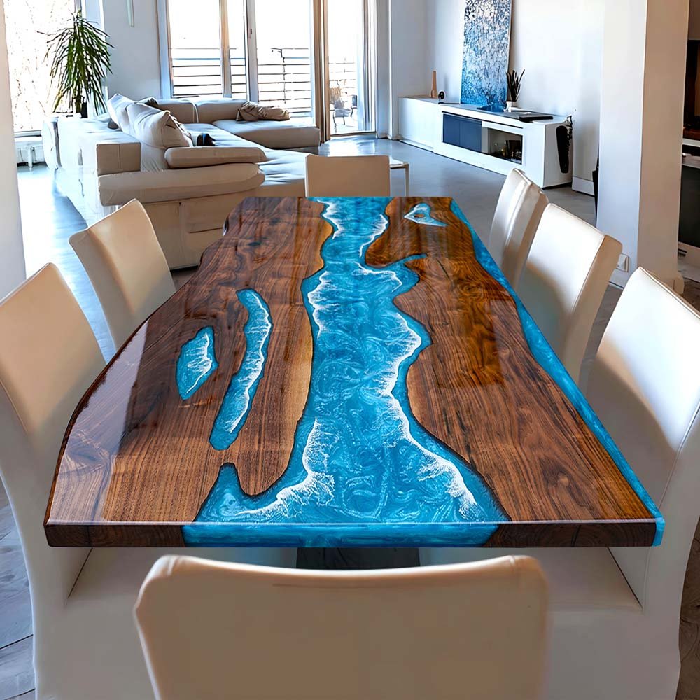 Elite Black Walnut Wood & Coastal Cliff Wave Epoxy Live - Edge Dining Table ECT - 137 - Elitecustomtable
