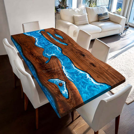 Elite Black Walnut Wood & Coastal Cliff Wave Epoxy Live - Edge Dining Table ECT - 137 - Elitecustomtable