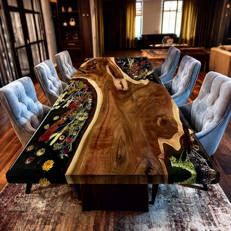 Elite Black Walnut Wood & Dried Flower/Hay Resin Rectangular Dining Table ECT - 192 - Elitecustomtable