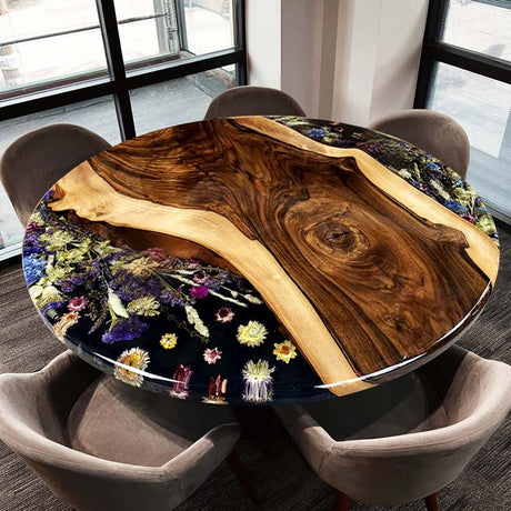Elite Black Walnut Wood & Dried Flower/Hay Resin Round Coffee Table ECT - 190 - Elitecustomtable