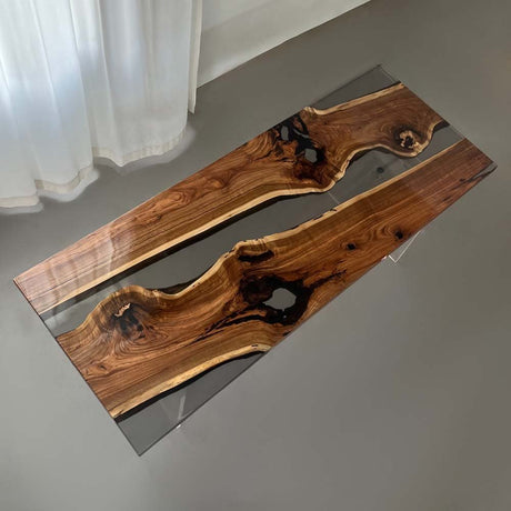 Elite Black Walnut Wood & Transparent Black - Gray Epoxy Resin Dining Table ECT - 156 - Elitecustomtable