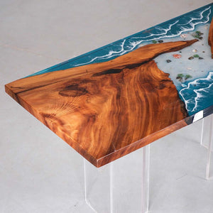 Elite Blue Resin Wave - Inlaid Walnut Wood Dining Table with Seashells ECT - 15 - Elitecustomtable