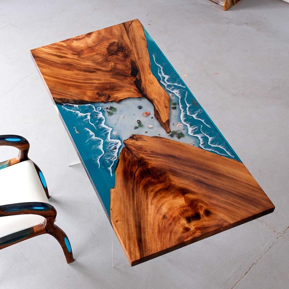 Elite Blue Resin Wave - Inlaid Walnut Wood Dining Table with Seashells ECT - 15 - Elitecustomtable