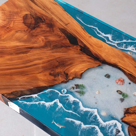 Elite Blue Resin Wave - Inlaid Walnut Wood Dining Table with Seashells ECT - 15 - Elitecustomtable