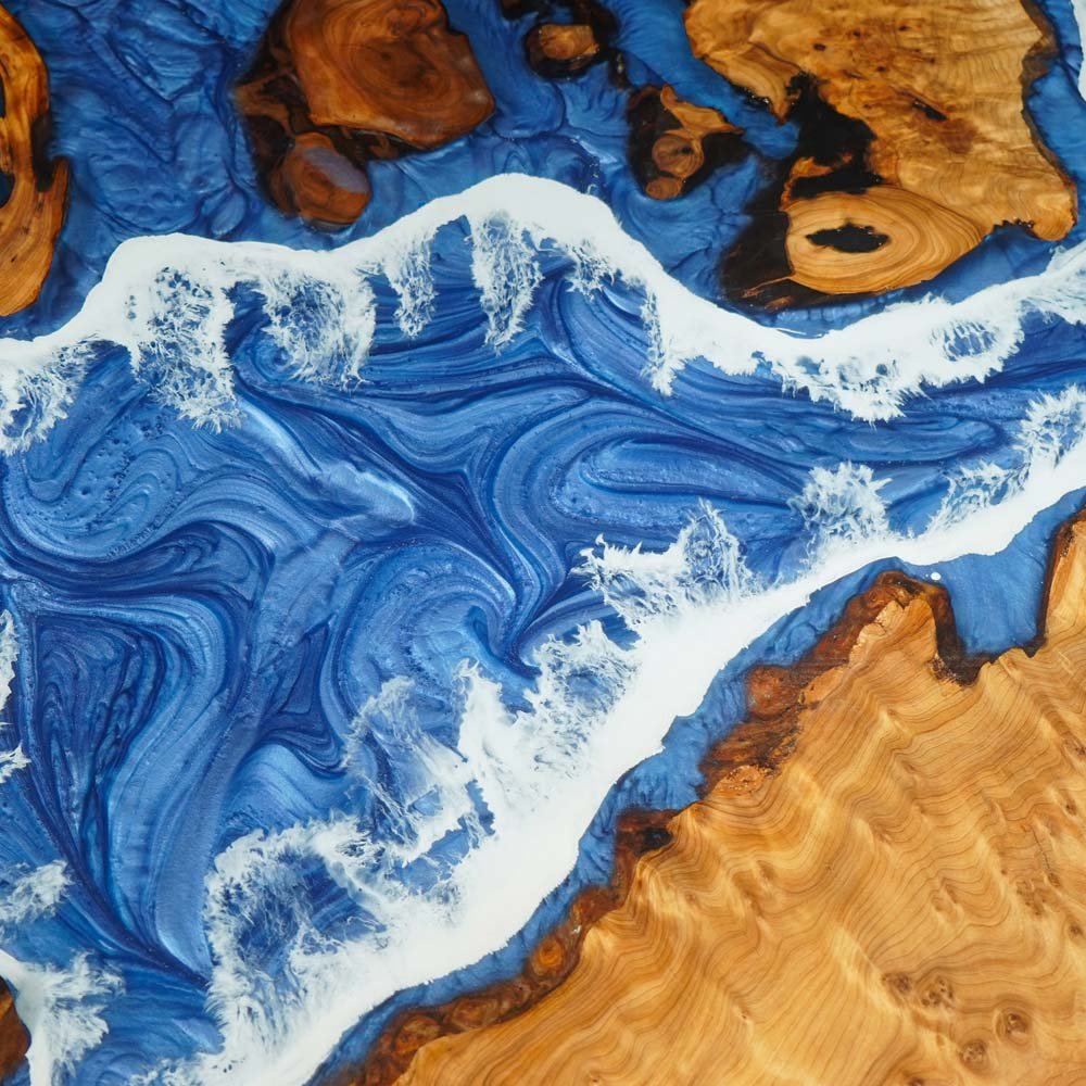 Elite Cunninghamia Wood with Blue & White Waves Epoxy Resin River Table ECT - 186 - Elitecustomtable