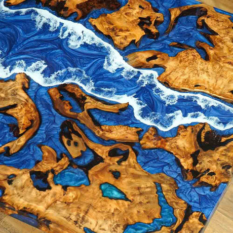 Elite Cunninghamia Wood with Blue & White Waves Epoxy Resin River Table ECT - 186 - Elitecustomtable