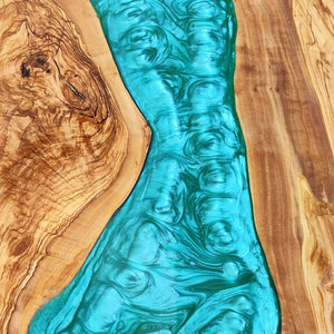 Elite Custom Live Edge Olive Wood Table with Blue - Green Resin ECT - 104 - Elitecustomtable