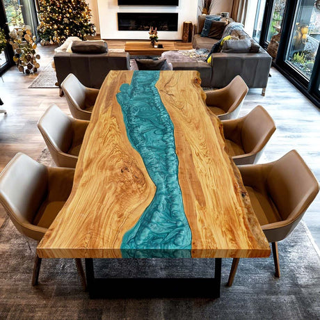 Elite Custom Live Edge Olive Wood Table with Blue - Green Resin ECT - 104 - Elitecustomtable