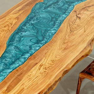 Elite Custom Live Edge Olive Wood Table with Blue - Green Resin ECT - 104 - Elitecustomtable