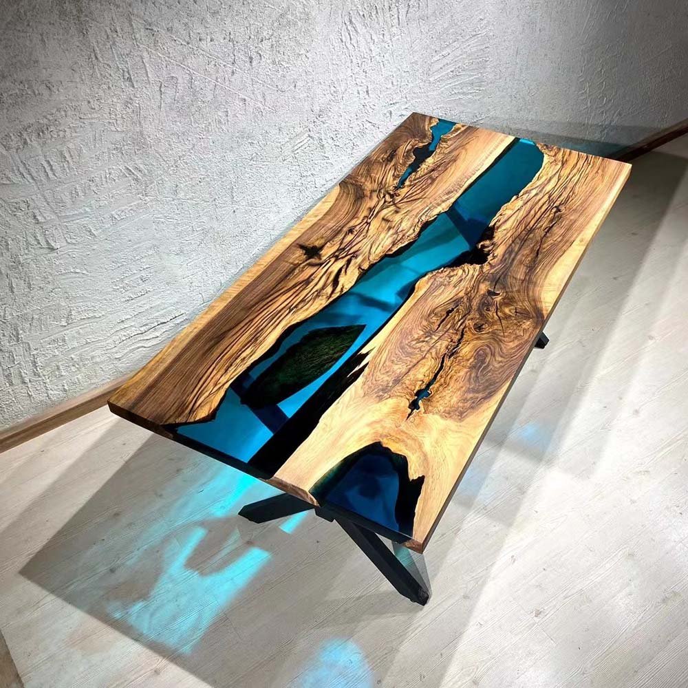 Elite Custom Olive Wood & Blue Resin River Office Table ECT - 05 - Elitecustomtable
