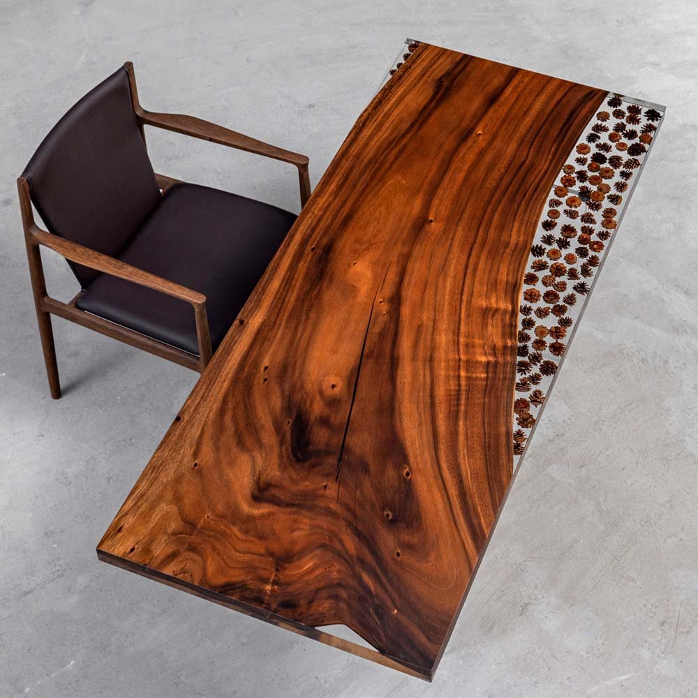 Elite Custom Organic Walnut & Pinecone - Filled Epoxy Dining Table ECT - 37 - Elitecustomtable