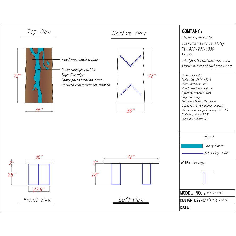 Elite Custom Solid Black Walnut Dining Table with Teal Resin Inlay ECT - 103 - Elitecustomtable
