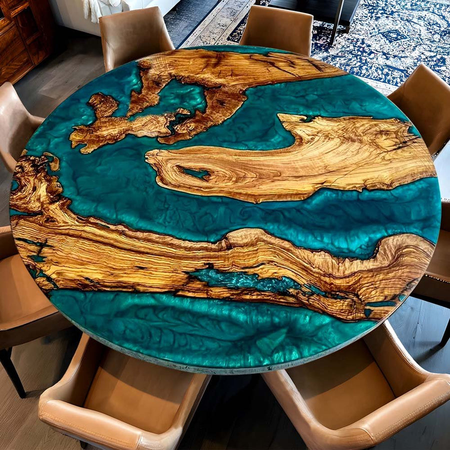 Elite Custom Turquoise - Blue Epoxy Inlaid Olive Wood Round Coffee Table ECT-16