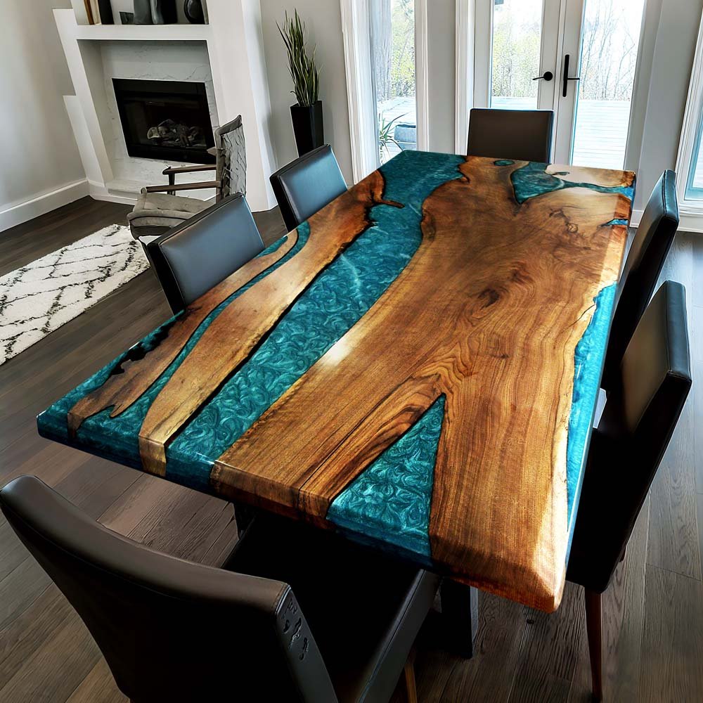Elite Custom Walnut Dining Table with Turquoise - Blue Epoxy ECT - 70 - Elitecustomtable