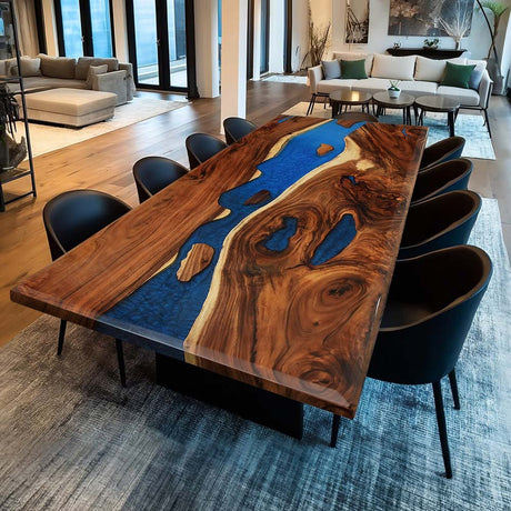 Elite Custom Walnut Resin Dining Table with Stunning Blue Inlay ECT - 88 - Elitecustomtable
