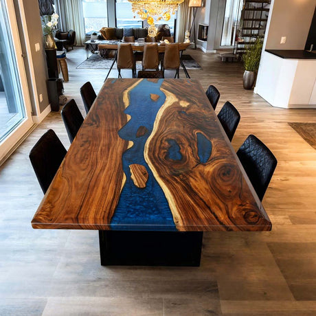 Elite Custom Walnut Resin Dining Table with Stunning Blue Inlay ECT - 88 - Elitecustomtable