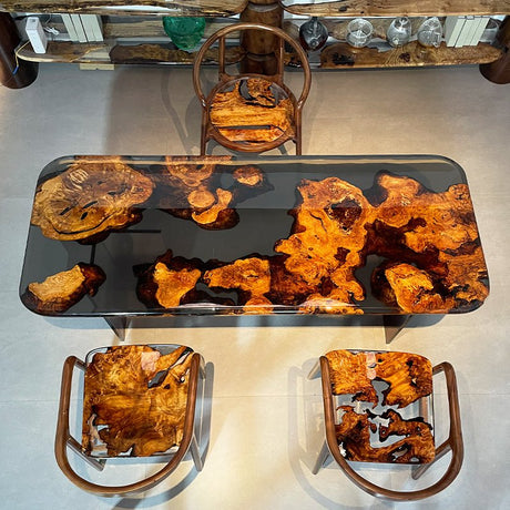 Elite Dining Table with Black Transparent Resin and Golden Camphor Inlay ECT - 223 - Elitecustomtable