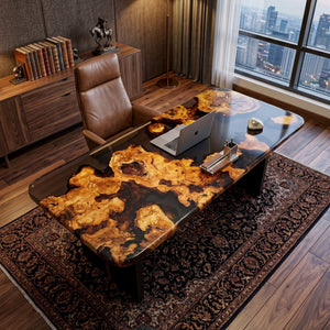 Elite Dining Table with Black Transparent Resin and Golden Camphor Inlay ECT - 223 - Elitecustomtable