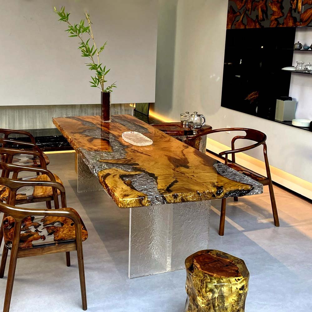 Elite Golden Camphor Wood & Transparent Crystalline Epoxy Resin Dining Table ECT - 145 - Elitecustomtable