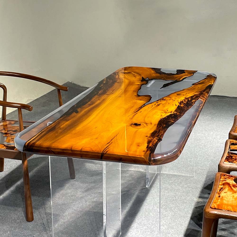 Elite Golden Camphor Wood & Transparent Epoxy Resin Dining Table ECT - 143 - Elitecustomtable
