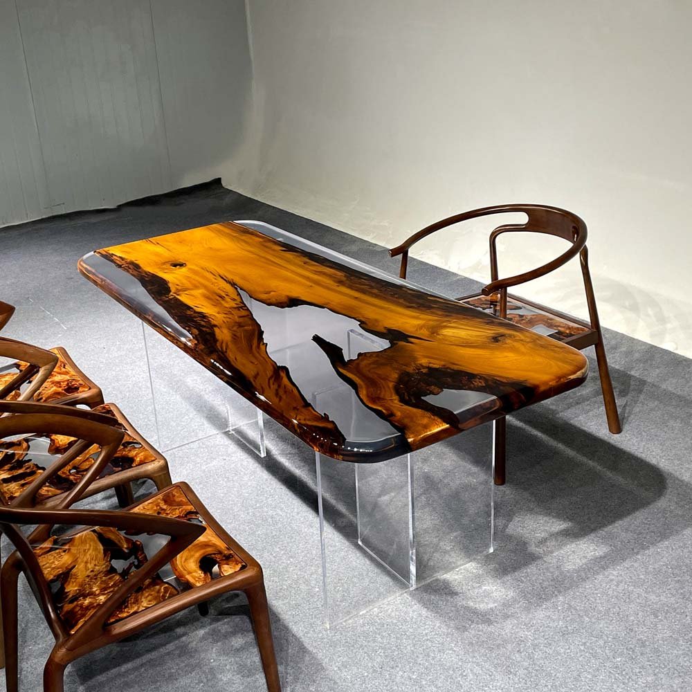 Elite Golden Camphor Wood & Transparent Epoxy Resin Dining Table ECT - 143 - Elitecustomtable