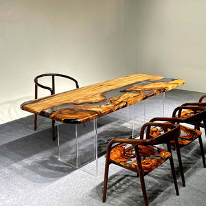 Elite Golden Camphor Wood & Transparent Epoxy Resin Dining Table ECT - 147 - Elitecustomtable