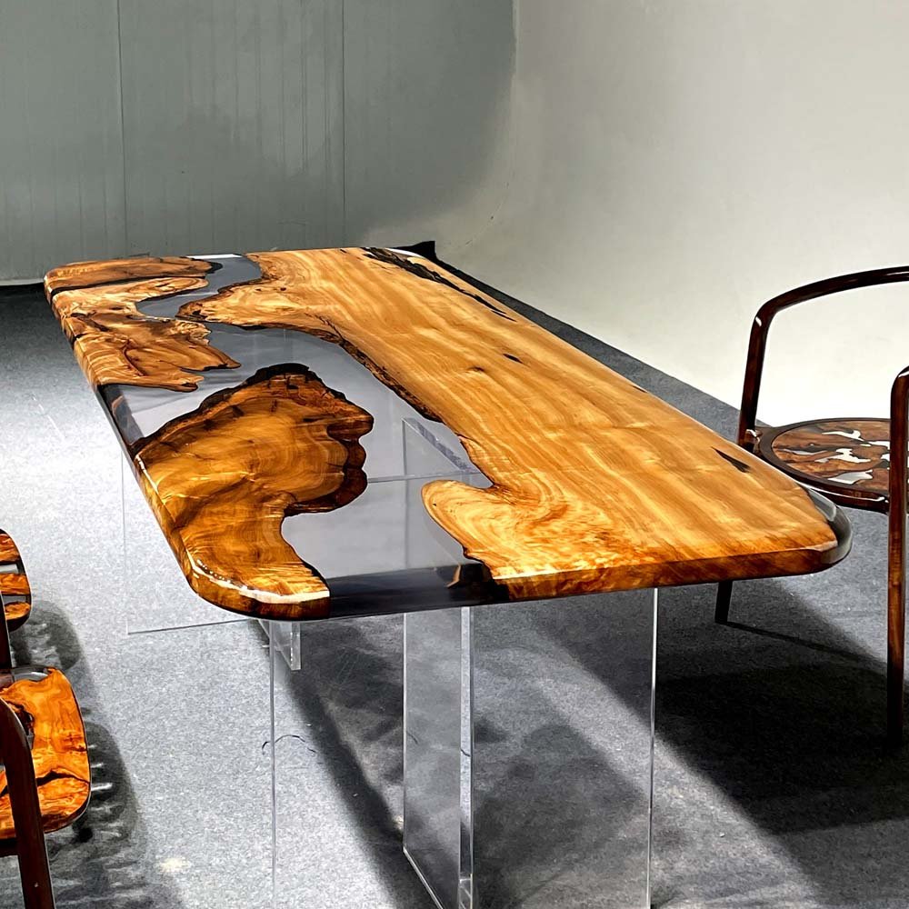 Elite Golden Camphor Wood & Transparent Epoxy Resin Dining Table ECT - 147 - Elitecustomtable