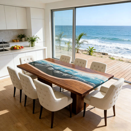 Elite Handcrafted Walnut Ocean Resin Dining Table – Straight Edge Blue Wave Epoxy River Table ECT - 275 - Elitecustomtable
