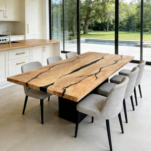 Elite Handcrafted Whitewashed Olive Wood Dining Table – Modern Straight Edge with Black Resin Accents ECT - 282 - Elitecustomtable
