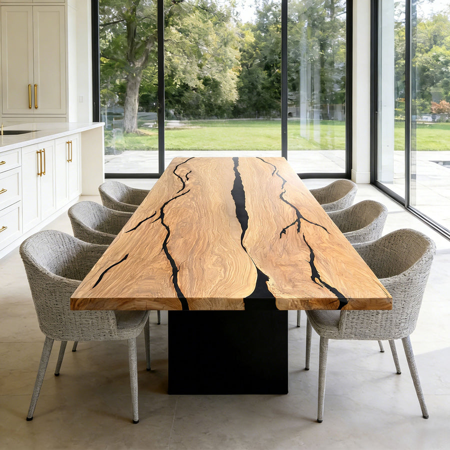 Elite Handcrafted Whitewashed Olive Wood Dining Table – Modern Straight Edge with Black Resin Accents ECT-282