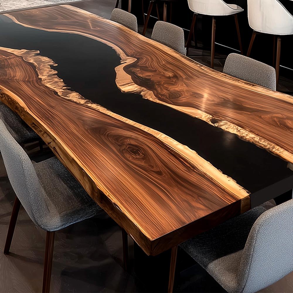 Elite Live - Edge Black Walnut Dining Table with Bold Black Resin Inlay ECT - 240 - Elitecustomtable
