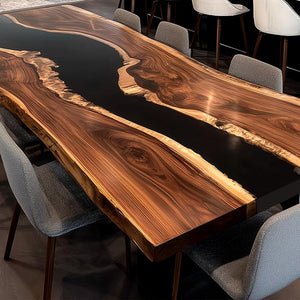 Elite Live - Edge Black Walnut Dining Table with Bold Black Resin Inlay ECT - 240 - Elitecustomtable