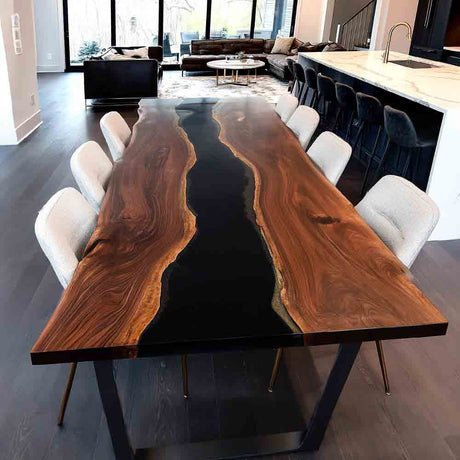 Elite Live - Edge Black Walnut Dining Table with Bold Black Resin Inlay ECT - 240 - Elitecustomtable