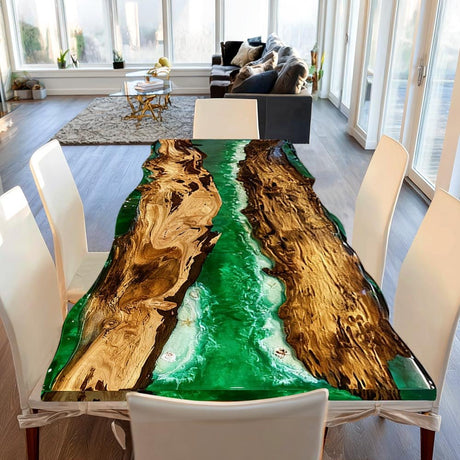 Elite Live - Edge Golden Camphor Wood Dining Table with Emerald Green Resin Inlay ECT - 139 - Elitecustomtable
