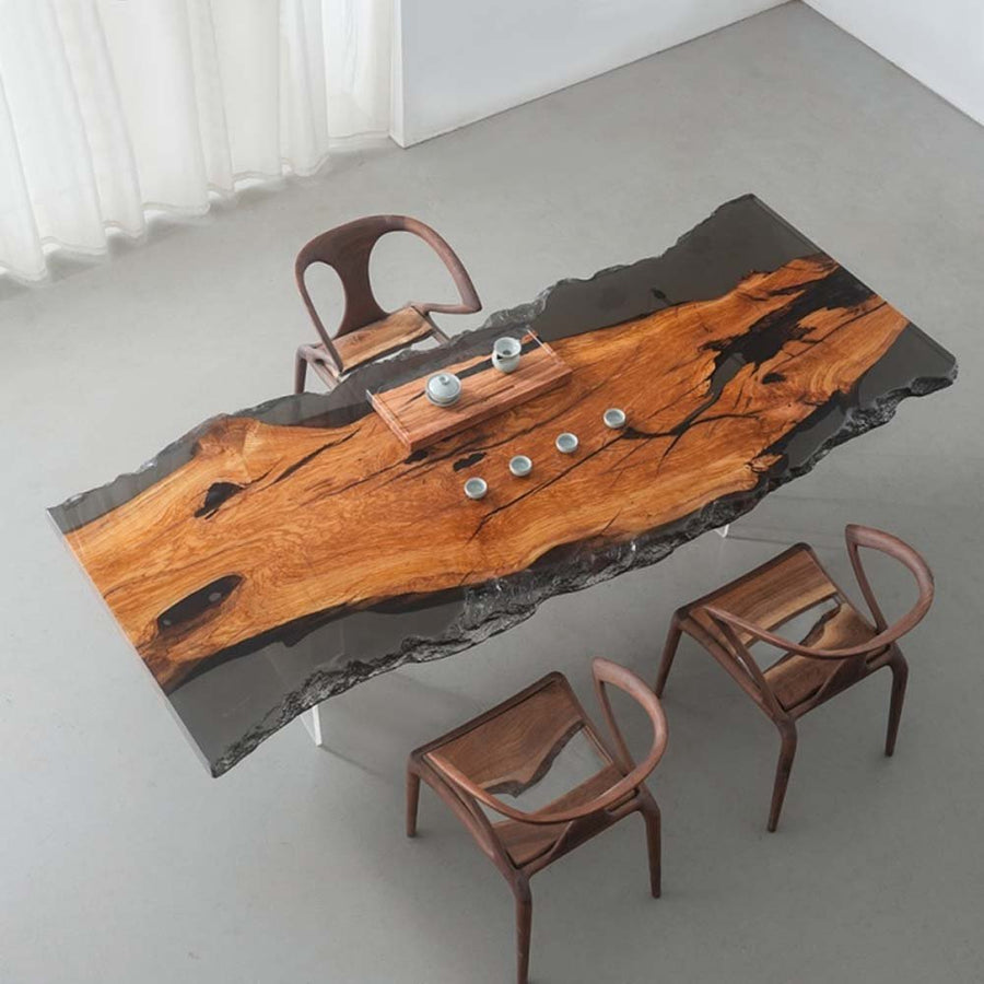 Elite Live - Edge Olive Wood Dining & Office Table with Transparent Black Resin ECT-228