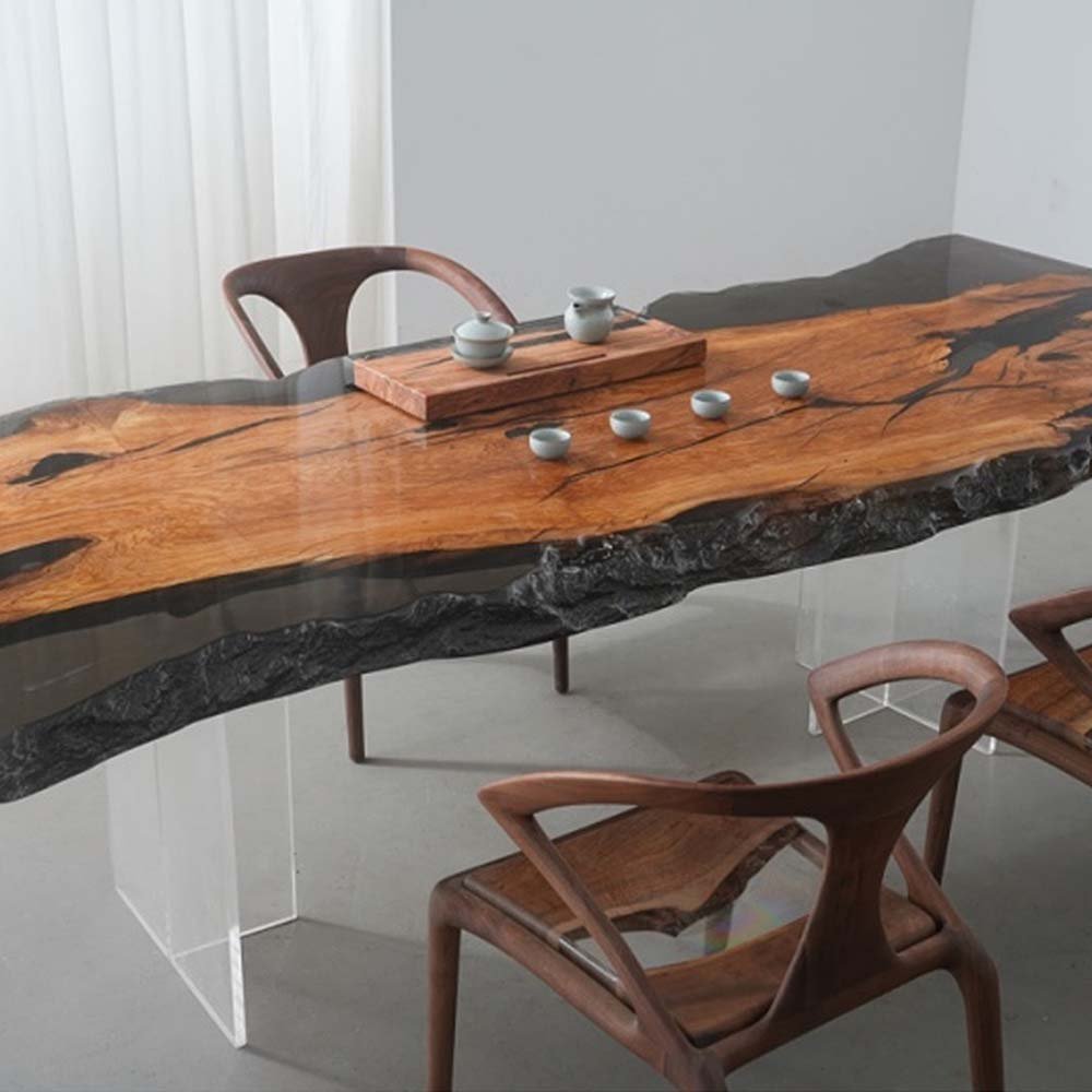 Elite Live - Edge Olive Wood Dining & Office Table with Transparent Black Resin ECT - 228 - Elitecustomtable