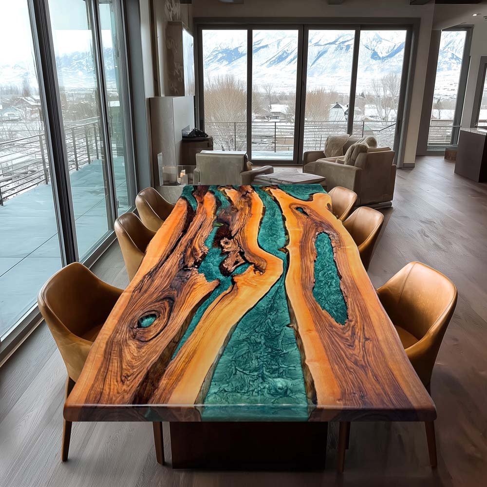 Elite Live - Edge Walnut Wood Dining Table with Green Resin Inlay ECT-220 - Elitecustomtable