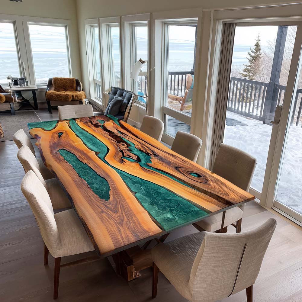 Elite Live - Edge Walnut Wood Dining Table with Green Resin Inlay ECT-220 - Elitecustomtable