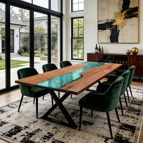 Elite Luxury Walnut Emerald Resin Dining Table – Modern Straight Edge Liquid Green River Table ECT - 280 - Elitecustomtable