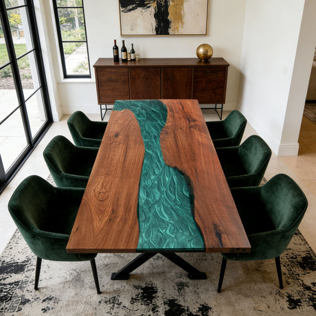 Elite Luxury Walnut Emerald Resin Dining Table – Modern Straight Edge Liquid Green River Table ECT - 280 - Elitecustomtable