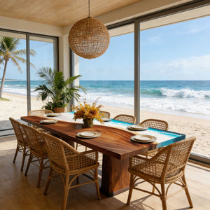 Elite Luxury Walnut Ocean Wave Resin Dining Table – Modern Straight Edge Coastal Centerpiece ECT - 279 - Elitecustomtable