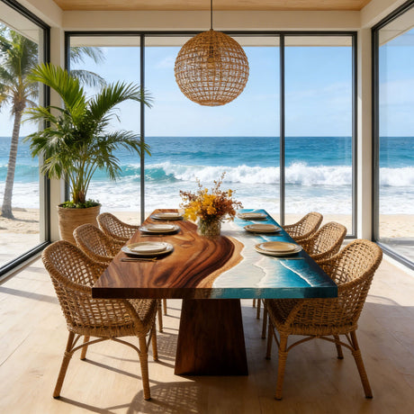 Elite Luxury Walnut Ocean Wave Resin Dining Table – Modern Straight Edge Coastal Centerpiece ECT - 279 - Elitecustomtable