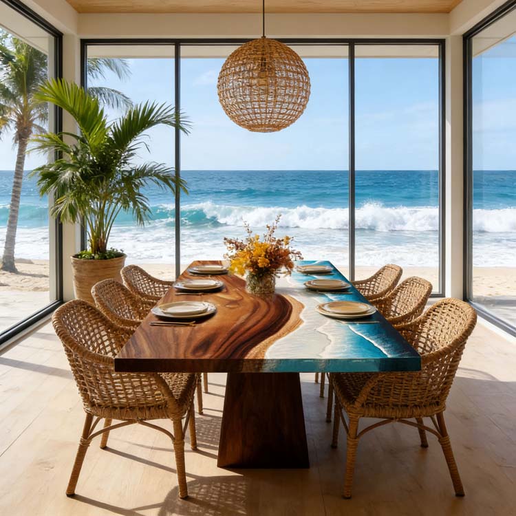 Elite Luxury Walnut Ocean Wave Resin Dining Table – Modern Straight Edge Coastal Centerpiece ECT-279