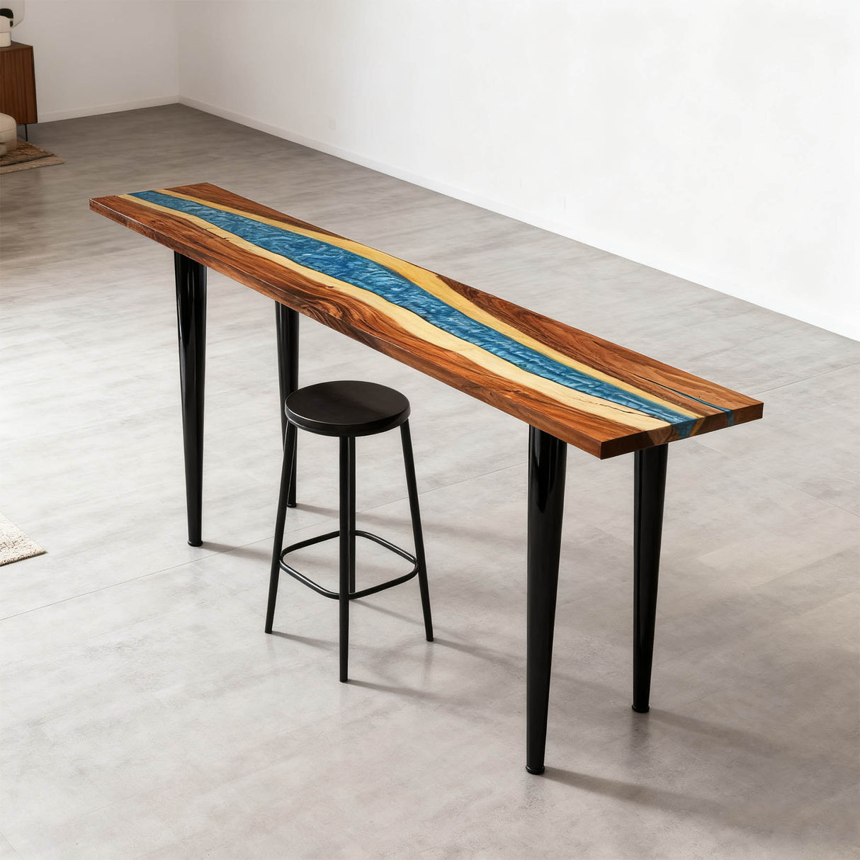 Elite Modern Walnut Counter and Bar Table with Blue Resin Stream ECT - 135 - Elitecustomtable