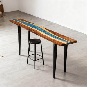 Elite Modern Walnut Counter and Bar Table with Blue Resin Stream ECT - 135 - Elitecustomtable