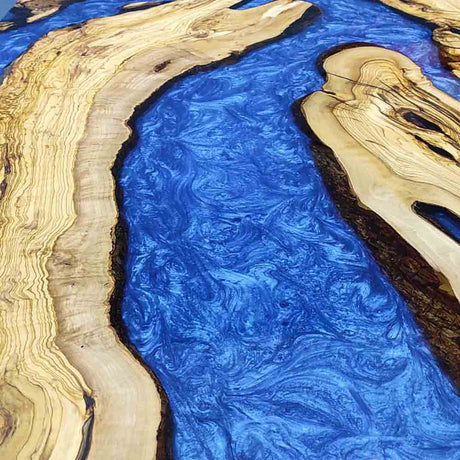 Elite Natural Straight - Edge Olive Wood with Blue River Epoxy Resin Dining Table ECT-216 - Elitecustomtable