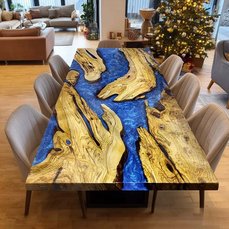 Elite Natural Straight - Edge Olive Wood with Blue River Epoxy Resin Dining Table ECT-216 - Elitecustomtable