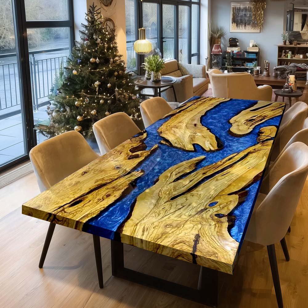 Elite Natural Straight - Edge Olive Wood with Blue River Epoxy Resin Dining Table ECT-216 - Elitecustomtable