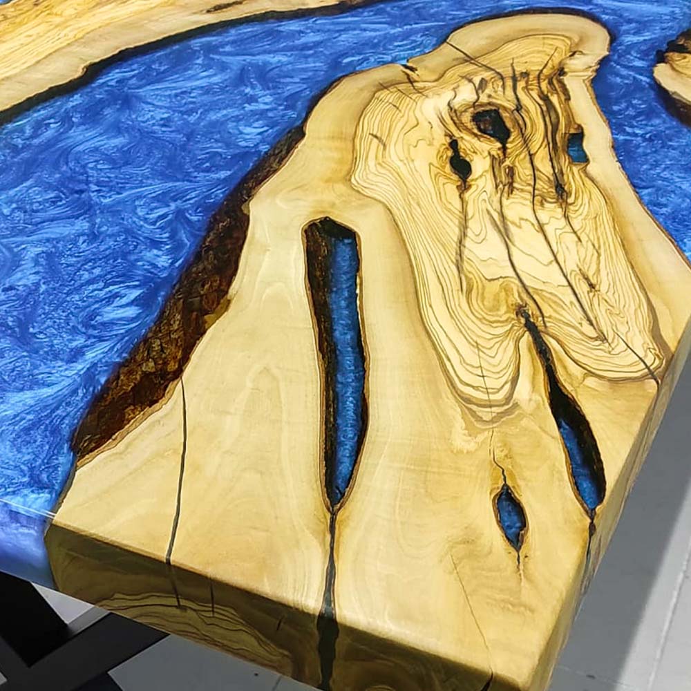 Elite Natural Straight - Edge Olive Wood with Blue River Epoxy Resin Dining Table ECT-216 - Elitecustomtable