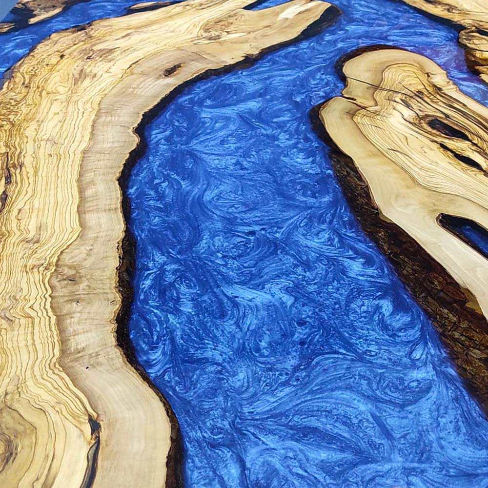 Elite Natural Straight - Edge Olive Wood with Blue River Epoxy Resin Dining Table ECT-216 - Elitecustomtable
